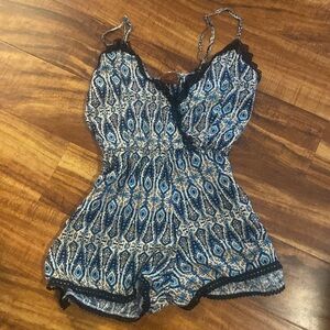 Boho Print Romper with Lace Trim